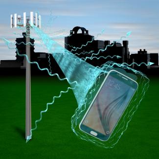 Artist's concept of the distortions that can occur when a cell phone communicates with a cell phone tower.