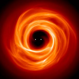 Simulation of the interaction of a gas disc with two black holes.