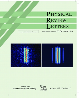 Journal cover of Physical Review Letters showing results of a double-slit experiment.